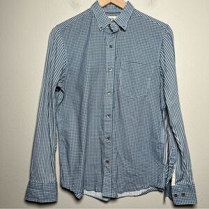 WRK Men Shirt Small Blue Gingham Plaid Geometric‎ Long Sleeve Reworked Pocket